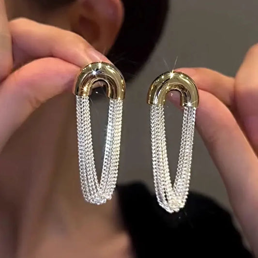 Elegant Silver Multi-Layer Geometric Tassel Chain Earrings for Women