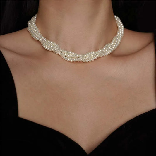 Vintage Multilayer Pearl Choker Necklace - Elegant Twisted Imitation Pearl Chain for Brides