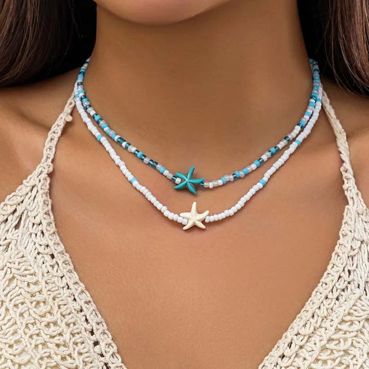 Bohemian Double Seed Bead Chain Clavicle Necklace with Vintage Acrylic Turtle and Starfish Pendant for Women