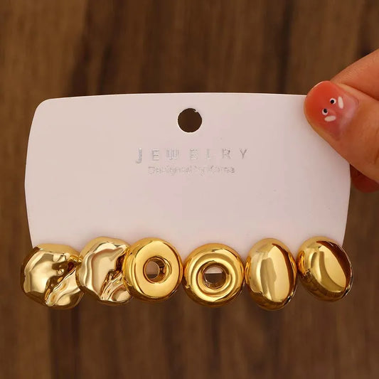Vintage Gold Color CCB Round Stud Earrings Set for Women - Exaggerated Geometric Hollow Jewelry