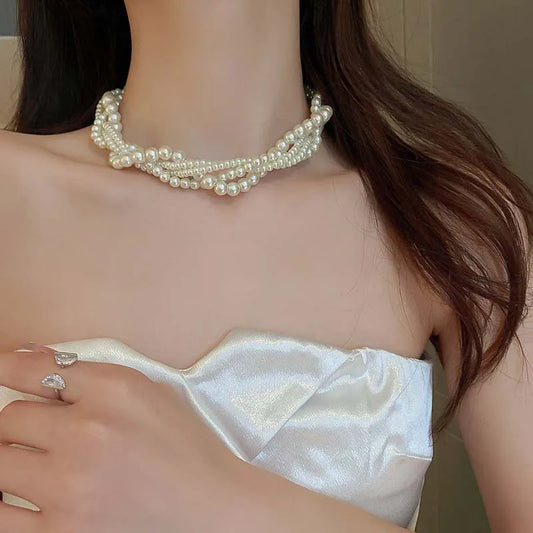 Vintage Multilayer Pearl Choker Necklace - Elegant Twisted Imitation Pearl Chain for Brides