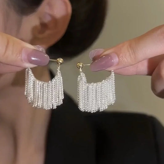 Elegant Silver Multi-Layer Geometric Tassel Chain Earrings for Women