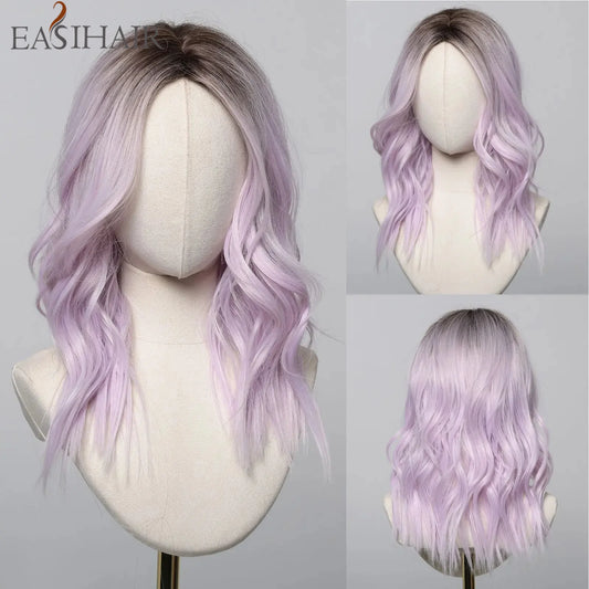 EASIHAIR Dark Brown Wavy Bob Wig with Bangs - Synthetic Heat Resistant Medium Length Wig for Women