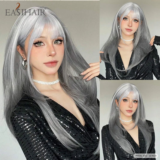 EASIHAIR Women Synthetic Wigs - Long Brown Ombre Blonde Layered Wigs with Curtain Bangs for Daily Use