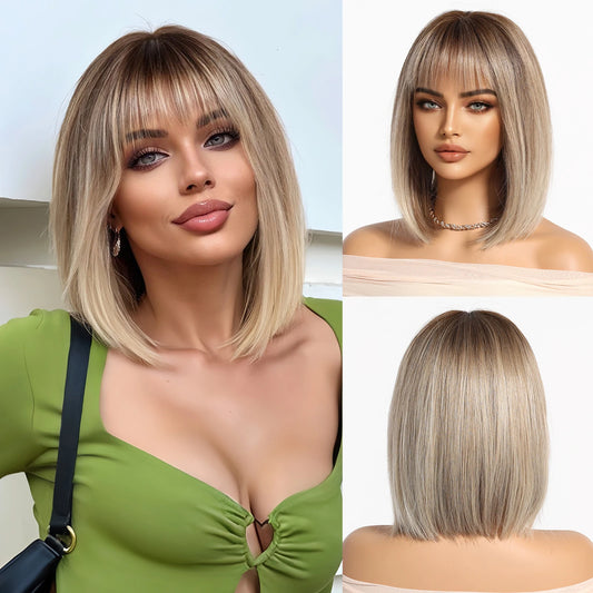 Light Brown Blonde Synthetic Wigs with Bangs - Short Bob for Daily Use, Cosplay, and Halloween | Heat Resistant