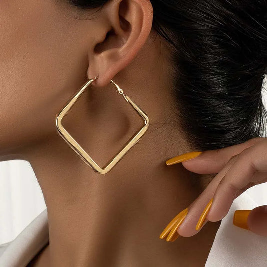 Vintage Silver Color Big Square Hoop Earrings for Women and Men - Exaggerated Punk Metal Geometric Jewelry Gift