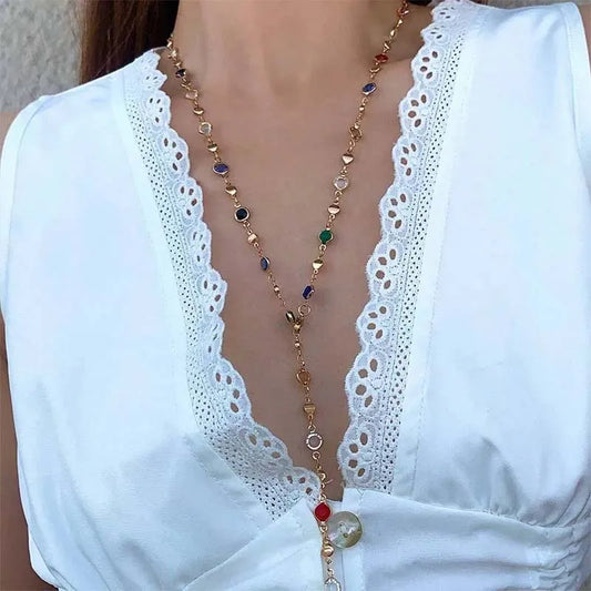 Colorful Crystal Chain Necklace for Women - Silver Long Y-shaped Clavicle Jewelry