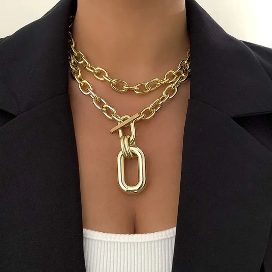 Exaggerated Gold Color Big Elliptical Pendant Necklace for Women - Punk Hip Hop Metal Chunky Chain OT Buckle Jewelry Gift