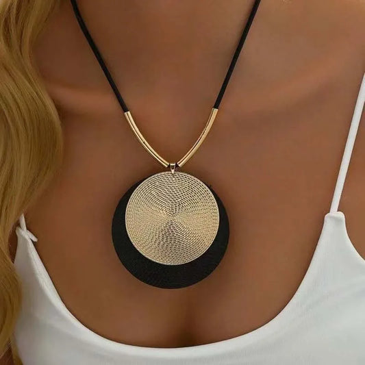 Vintage Metal Large Round Pendant Necklace for Women - Exaggerated Gold Color Geometric Black PU Rope Chains Jewelry