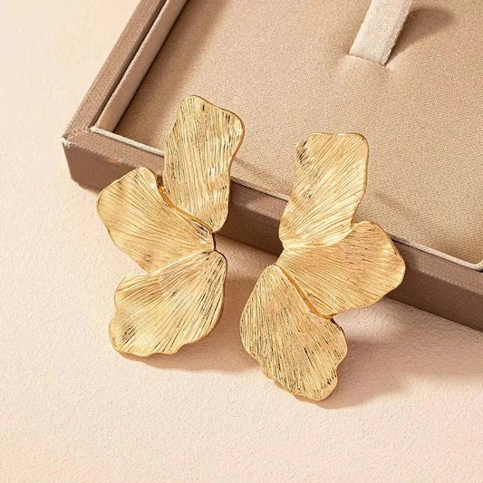 Vintage Metal Flower Post Stud Earrings for Women - Gold Color Large Textured Petal Earrings