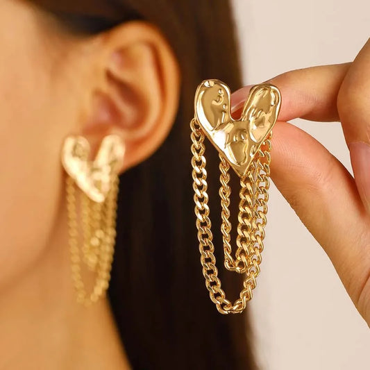 Fashion Metal Heart Pattern Tassel Drop Earrings for Women - Vintage Gold Irregular Lava Personality Jewelry Gift