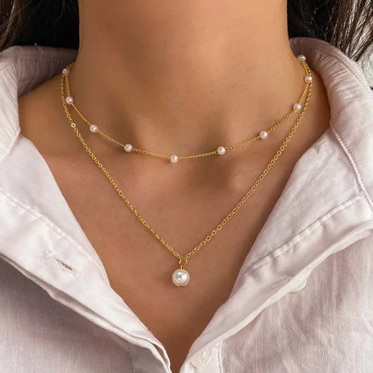 2024 New Fashion Gold Color Pearl Choker Necklace for Women & Girls - Simple Double Layer Neck Chain Jewelry Gift