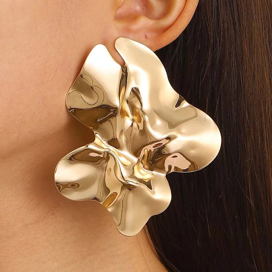 Vintage Metal Irregular Pleated Stud Earrings - Large Geometric Gold Statement Jewelry for Women
