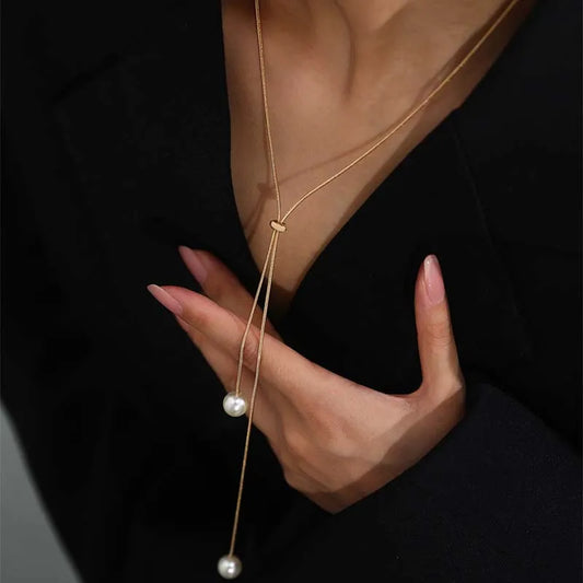 Silver Long Tassel Pearl Pendant Necklace - Adjustable Choker Jewelry for Women