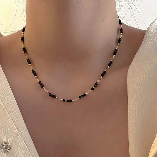 Vintage Black Crystal Glass Bead Chain Choker Necklace for Women - Handmade Jewelry for Parties