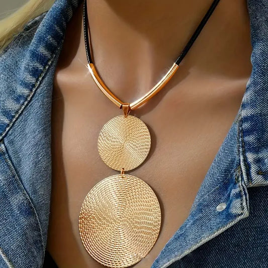 Vintage Metal Large Round Pendant Necklace for Women - Exaggerated Gold Color Geometric Black PU Rope Chains Jewelry