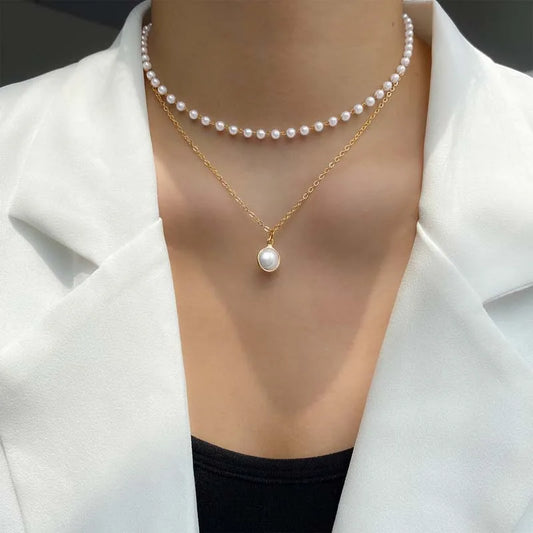2024 New Fashion Gold Color Pearl Choker Necklace for Women & Girls - Simple Double Layer Neck Chain Jewelry Gift