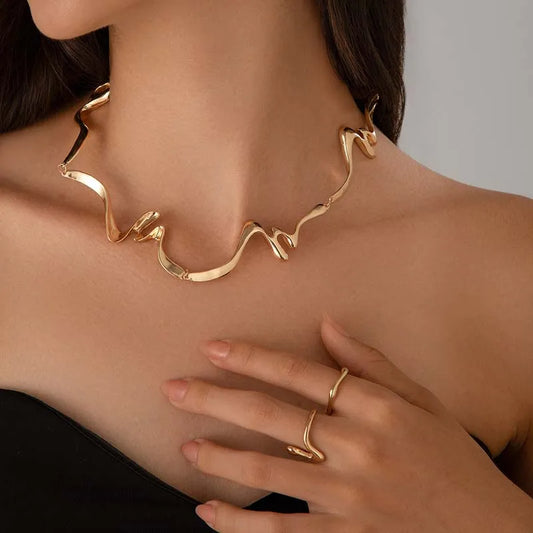 Punk Metal Irregular Twisted Wave Open Cuff Necklace Bangles for Women – Vintage Gold Color Liquid Lava Geometric Jewelry