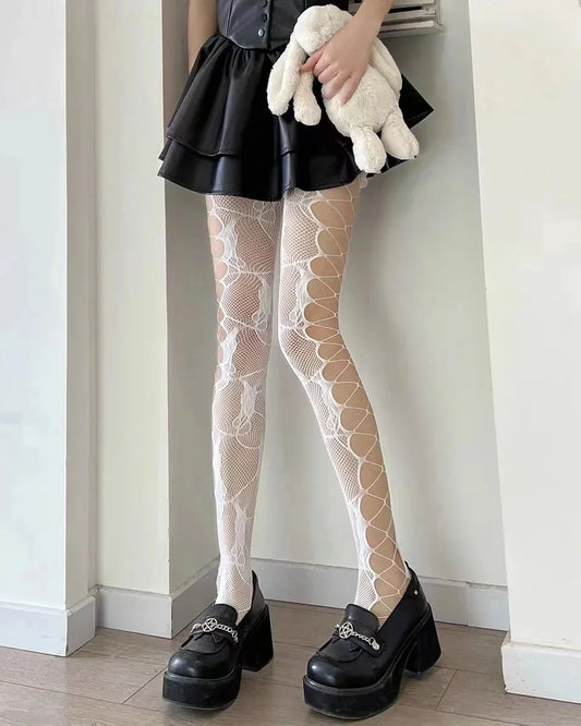 Women's Hollow Jacquard Fishnet Tights - Floral Lace Thigh High Pantyhose