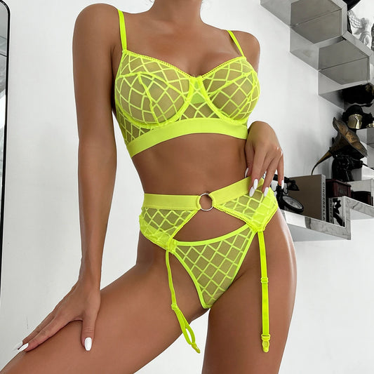 3-Piece Plaid Lace Erotic Set - Women’s Patchwork Lingerie in 7 Colors