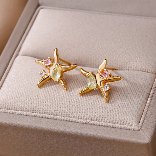 Zircon Starfish Stud Earrings for Women - Gold Stainless Steel Statement Jewelry Gift