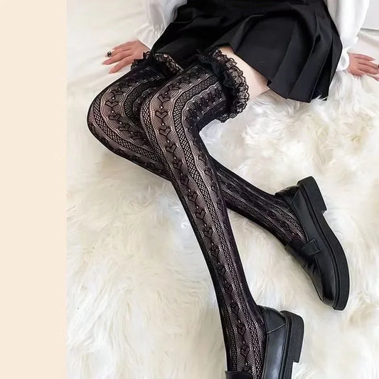 Women’s Lace Floral Rattan Fishnet Over Knee Stockings - Thigh High Mesh Hosiery
