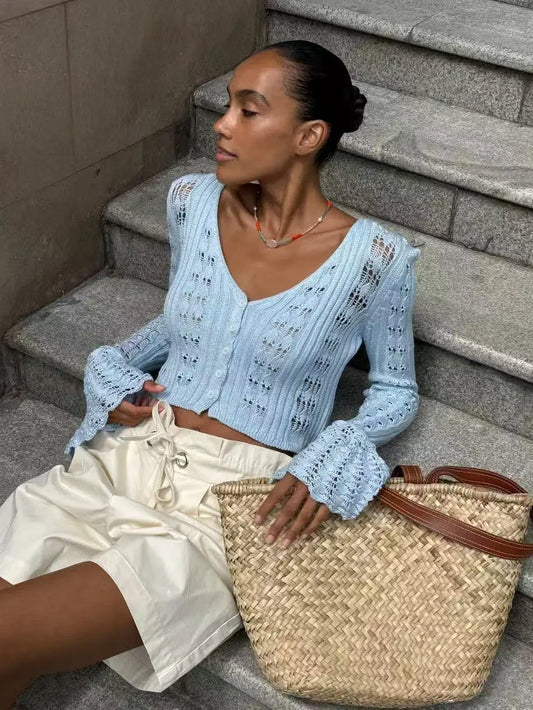 TARUXY Hollow Knitted Cardigan - Women's Solid Long Sleeve V Neck Short Sweater Top