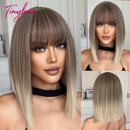 Medium Straight Synthetic Bob Wig Dark Black Brown Short Wigs With Bangs for Women Cosplay Daily Layered Hair Heat Resistant