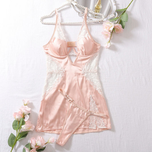 Sexy Deep-V Neck Satin Dress with Lace Patchwork and Split Nightwear for Women