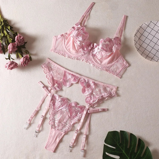 Luxury Lace Embroidery 3-Piece Pushup Bra and Briefs Set