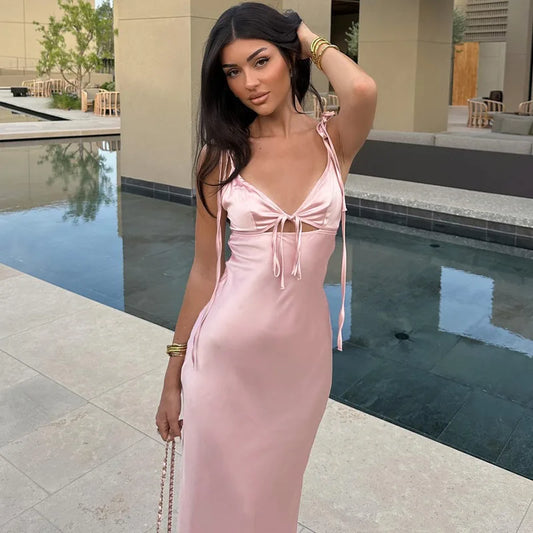 TARUXY V-neck Cut Out Lace-Up Spaghetti Strap Dress for Women - Summer Beach Long Dress