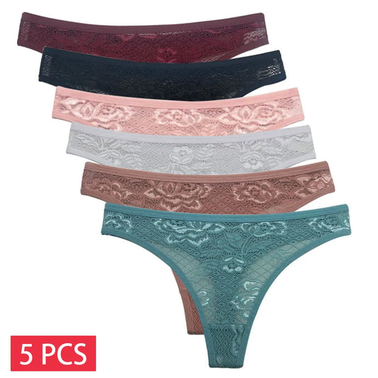 5 PCS/Set Sexy Lace Thong Women Low Waist Panties Transparent Underwear