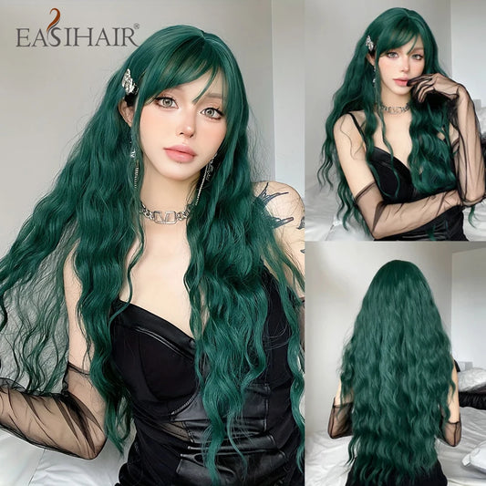Light Green Long Wavy Synthetic Wig with Bangs - Blackish Green Cosplay Wig for Women, Ideal for Halloween