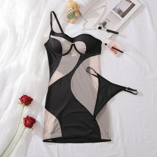 Sexy Summer Dresses 2025: See Through Irregular Splicing Short Black Dress with Single Shoulder Strap