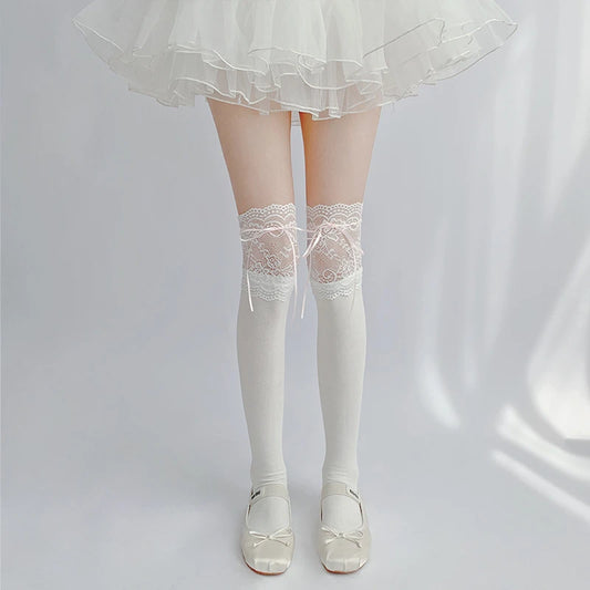 Cute White Lace Tied Ribbon Velvet Over Knee Socks for Women