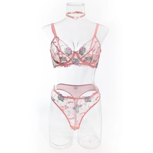 Embroidery Lingerie Set for Women - Floral Boho 3-Piece Bra and Panty Underwear Set
