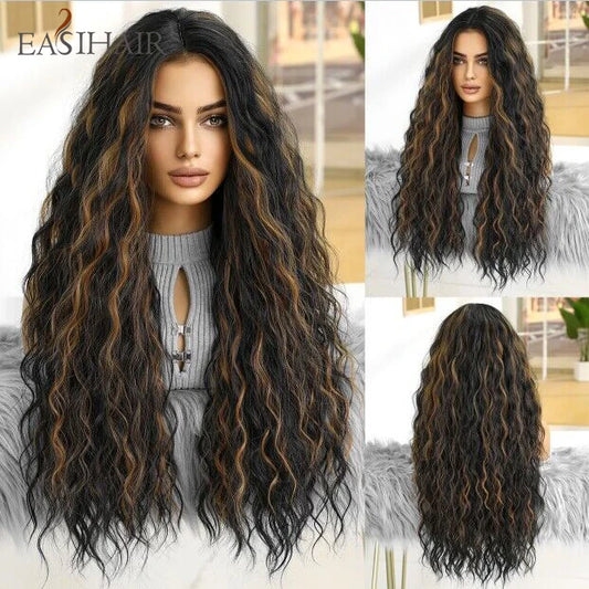 EASIHAIR Long Brown Ombre Synthetic Wigs for Women - Natural Wavy Cosplay Wig