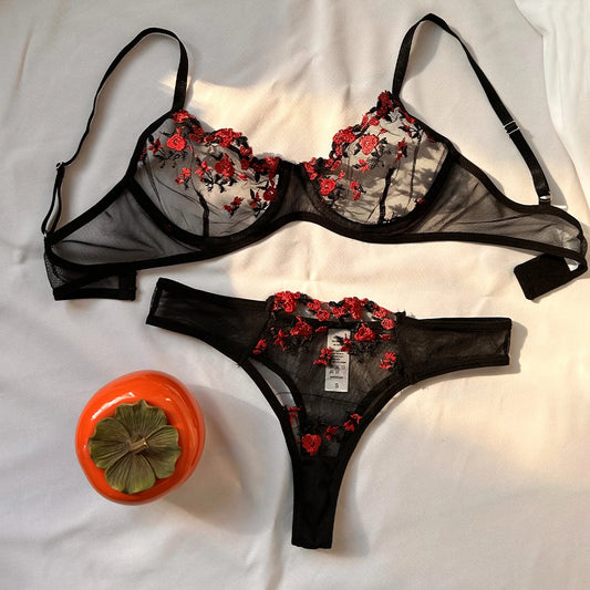 Exotic Women's Embroidered Bra and Lingerie Set - Push Up Bralette