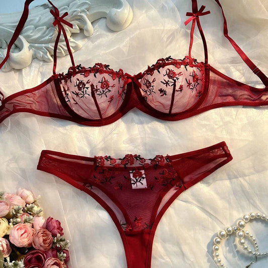 Elegant New Wine See-Through Lingerie Two-Piece Set with Thong and Push-Up Bra