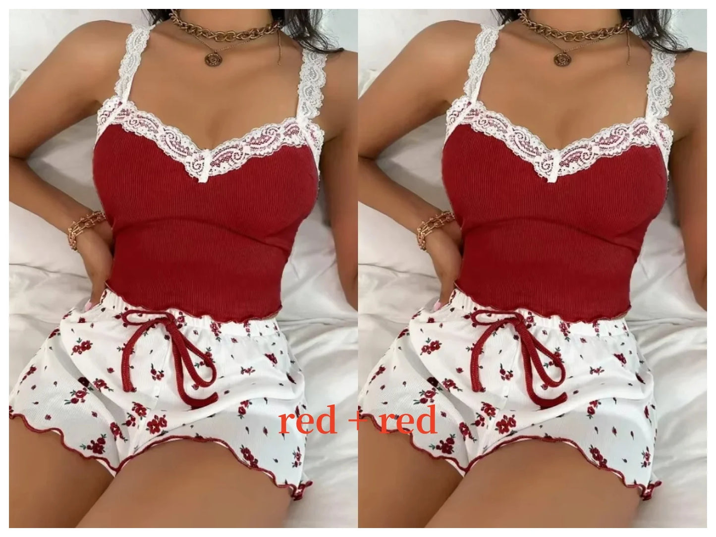 Women 2psc Pink Lace Pajama Set