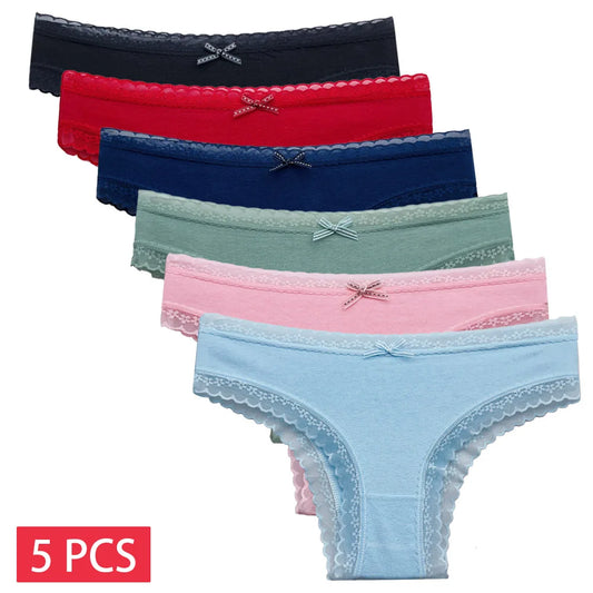 5 Pcs Women Cotton Lace Briefs - Sexy Low Waist Underwear M-XL