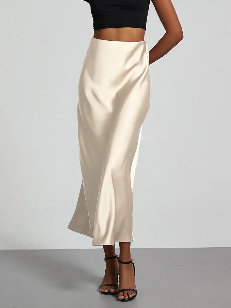 Chic Satin Fishtail Skirt - High Waist Solid Color Summer Fashion for Women