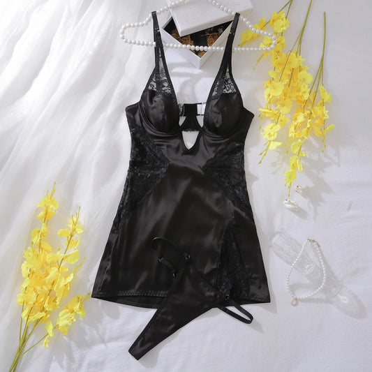 Sexy Deep-V Neck Satin Dress with Lace Patchwork and Split Nightwear for Women