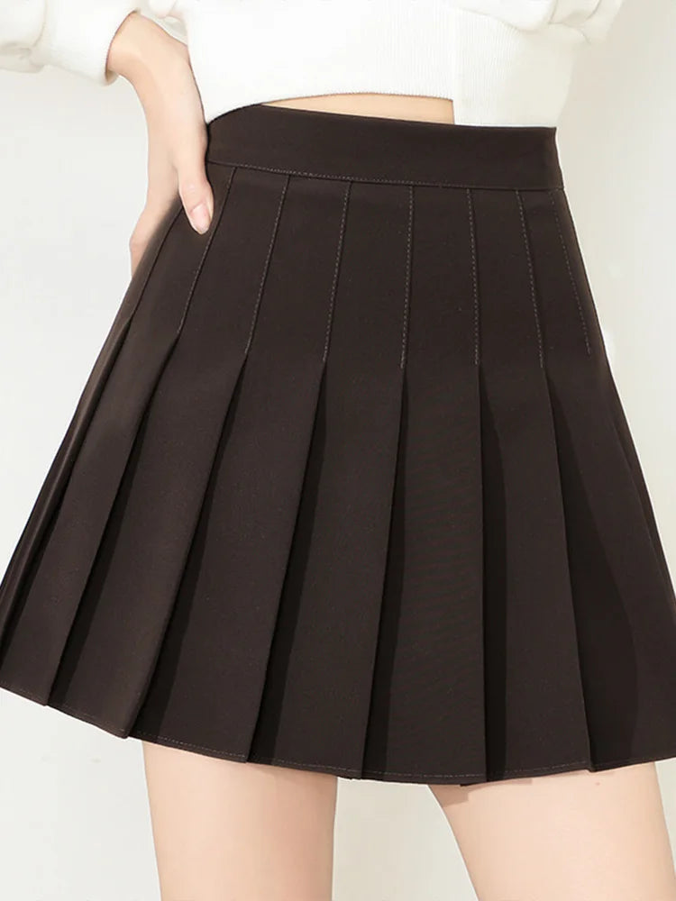 Brown Pleated Mini Skirt for Women - High Waist Harajuku Style Summer 2025 School Uniform