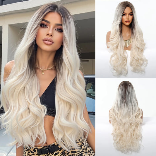EASIHAIR Long Wavy Brown Synthetic Wigs for Women - Natural Curly Hair with Bangs for Daily Use and Cosplay