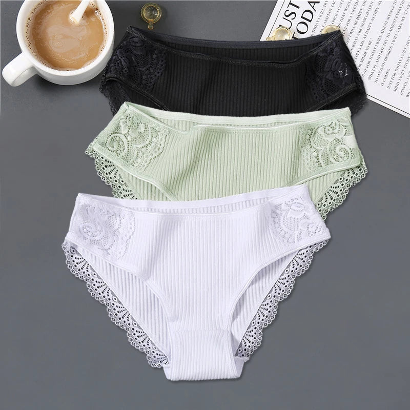 FINETOO 3Pcs Women Cotton Panties - Soft Lace Briefs