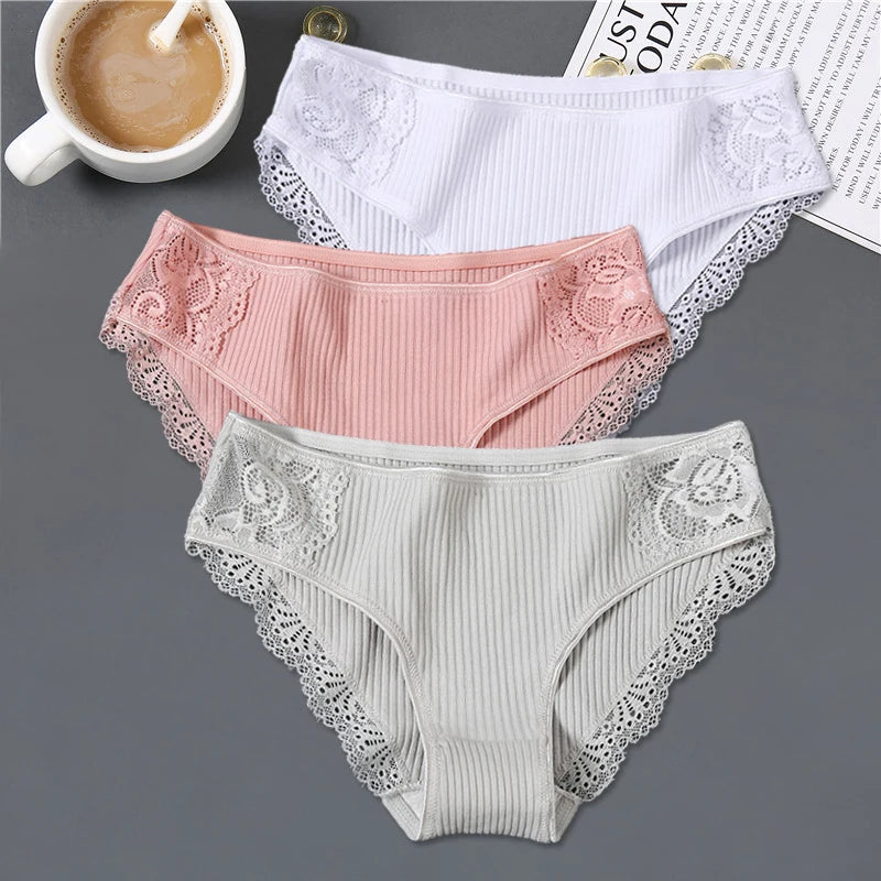 FINETOO 3Pcs Women Cotton Panties - Soft Lace Briefs