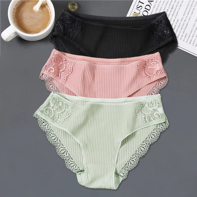 FINETOO 3Pcs Women Cotton Panties - Soft Lace Briefs