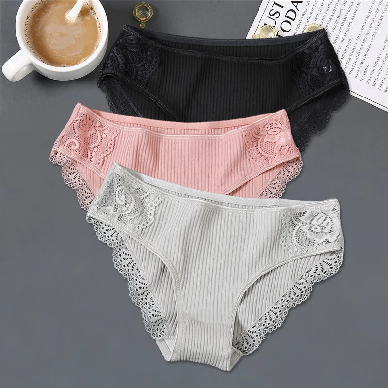 FINETOO 3Pcs Women Cotton Panties - Soft Lace Briefs