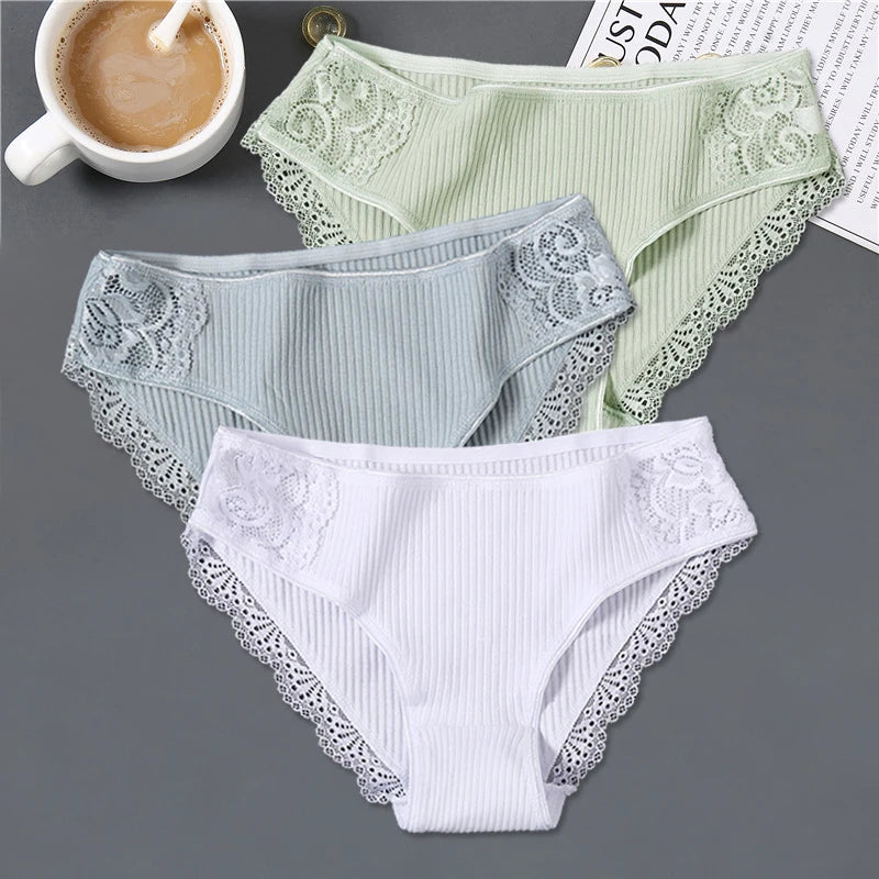FINETOO 3Pcs Women Cotton Panties - Soft Lace Briefs